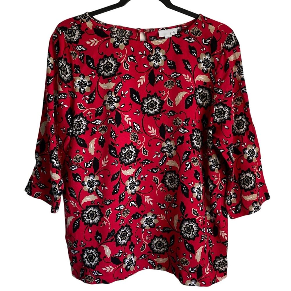 J. Jill Tunic Top Blouse 3/4 Sleeves Sz LP Red Black Floral Keyhole Back Career